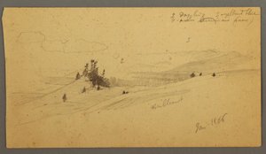 Rajz, erdős dombtető, dombos völgy, Nap, 1866. január alkotó: Frederic Edwin Church