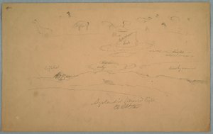 Kilátás Ecuadorra: Lámák legelnek és felhős holdvilágú égbolt a hegyvonulat mögött emelkedő El Oltárral alkotó: Frederic Edwin Church