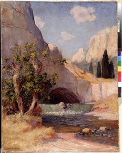 Kilátás a Provence-i Fontaine du Vaucluse tájra. Frederic Montenard (1849-1926) festménye Dim. 65x50,5 cm Kötelező említés: Collection fondation regards de Provence, Marseille