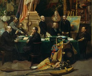 Jules Ferry (1832-1893) köszönti a kolóniák küldötteit 1892 novemberében alkotó: Frederic Regamey