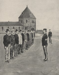 Az első lecke a háború művészetéből. Újoncok a két további tüzérezredhez Fort Slocumban, Davids Islanden, Long Island Soundon alkotó: Frederic Remington