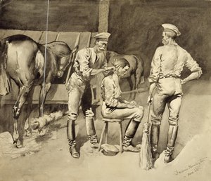 Hajvágás egy lovassági istállóban alkotó: Frederic Remington
