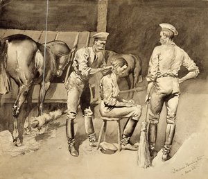 Hajvágás egy lovassági istállóban, 1893 körül (wc papíron) alkotó: Frederic Remington