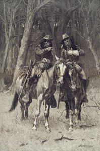 Cheyenne cserkészek járőröznek az észak-kanadai Big Timbernél, Oklahoma, április 6. alkotó: Frederic Remington