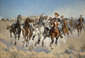 Leszállt lováról: A negyedik katonák mozgatják a vezetett lovakat, 1890 alkotó: Frederic Remington