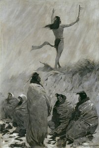 A tűzfaló felemelte karját a mennydörgő madárra, 1900 körül alkotó: Frederic Remington