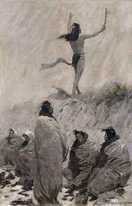 A tűzfaló felemelte karját a mennydörgő madárra, c. 1900. alkotó: Frederic Remington