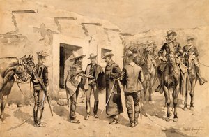 Garza férfiakra vadászó amerikai lovasság a Rio Grandén, 1892 körül (wc papíron) alkotó: Frederic Remington