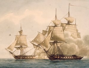 Harc az Amazon francia fregatt és a brit Santa Margherita fregatt között a Chesapeake-öbölnél, július 29. alkotó: Frederic Roux