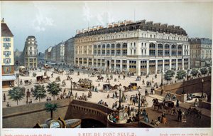 A 19. századi párizsi rue du pont neuf La Belle Jardiniere külső képe. Frederic Sorrieu metszete (1807 -?)