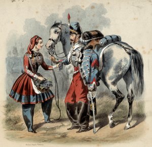 A francia hadsereg és kantinjei: Hussard and cantiniere de troupe de line. Frederic Sorrieu metszete (1807 -?)