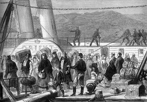 A keleti háború (1875-1878), más néven orosz-török háború: a Dunán, partraszállás a menekült Rustchuck és Widdin zsidó családok Baziarchánál 1877 májusában (metszet) alkotó: Frederic Theodore (after) Lix