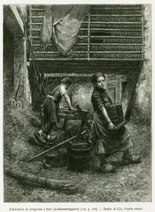 Gyermekmunka a brikettgyártásban, Barr. Lix metszete az Elzászon és Lotaringián keresztül című történet illusztrálására 1887-ben, Charles Grad német tisztviselőtől, a tour du monde 1888-ban, rendező: Edouard Charton (1807-1890), Hachette, Párizs. alkotó: Frederic Theodore Lix