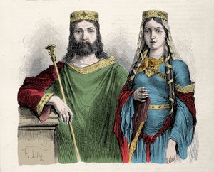 Clovis (481-511) a frankok királya második feleségével, Szent Klotild (Clothilde) királynővel. Lix metszet.