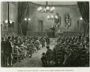 Konferencia a Dollfus Mieg műhely dolgozóinak, Dornachban. Lix metszete az Elzászon és Lotaringián keresztül című történet illusztrálására, Charles Grad német deputátor 1885-ben, a tour du monde 1886-ban, rendezte: Edouard Charton (1807-1890), Hache alkotó: Frederic Theodore Lix