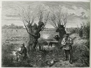Nyulat vadászni. F. Lix metszete, Charles Grad „Elzászon és Lotaringián keresztül” című történetének illusztrálására 1884-ben alkotó: Frederic Theodore Lix
