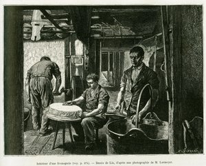 Egy sajtgyár belsejében. Lix metszete az Elzászon és Lotaringián keresztül című történet illusztrálására, Charles Grad német deputátor 1885-ben, a tour du monde 1887-ben Edouard Charton (1807-1890) irányításával, Hachette, Párizs.