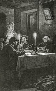 Jean Valjeant Myriel püspök fogadja és gondozza, 19. század (bw metszet)