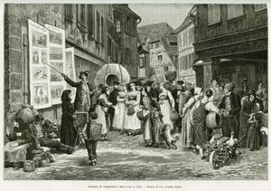 Lament énekes Barr utcáin. Lix metszete az Elzászon és Lotaringián keresztül című történet illusztrálására 1887-ben, Charles Grad német tisztviselőtől, a tour du monde 1888-ban, rendező: Edouard Charton (1807-1890), Hachette, Párizs. alkotó: Frederic Theodore Lix