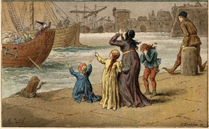 Népszerű dal: „A Nantes est érkezés””. A gyerekek gyászolják a tengerüket, amelyet egy tengerész vitt el. Illusztráció (részlet): Frederic Theodore Lix (1830-1897) a „Chansons et rounds enfantines des provinces de la France” c. alkotó: Frederic Theodore Lix