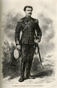 Az utazó és elbeszélő, Prjewalski alezredes portréja, F. Lix rajza az 1870 és 1873 közötti Mongóliába és a Tangute földjére tett utazásának illusztrálására, Prjewalski alezredese által. Gravírozás a Le tour du monde-ban alkotó: Frederic Theodore Lix