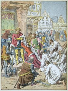 Calais ostroma III. Eduárd által 1346-1347-ben. Philippa de Hainaut királynő könyörgött vőlegényének, hogy adja meg a calais-i polgárságot. alkotó: Frederic Theodore Lix