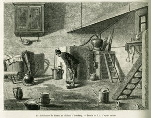 A kirsch lepárlása Isenburg várában. Lix metszete az Elzászon és Lotaringián keresztül című történet illusztrálására 1887-ben, Charles Grad német tisztviselőtől, a tour du monde 1888-ban, rendező: Edouard Charton (1807-1890), Hachette, Párizs.