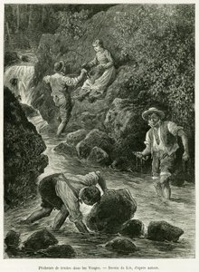 Pisztránghalászok a Vogézekben. Lix metszete az Elzászon és Lotaringián keresztül című történet illusztrálására, Charles Grad német deputátor 1885-ben, a tour du monde 1887-ben Edouard Charton (1807-1890) irányításával, Hachette, Párizs.