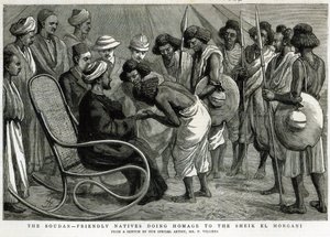 The Soudan: Barátságos bennszülöttek, akik tisztelegnek Sheik el Morgani előtt, a „The Graphic”-ból, 1884. április 19. (metszet) alkotó: Frederic Villiers