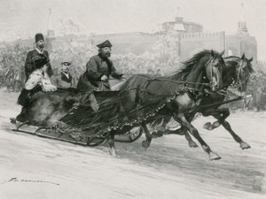 Egy szán kék selyemhálóval, hogy a hó ne permetezze a lakókat, a háttérben a Kreml alkotó: Frederic de Haenen