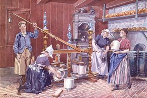 Sajtgyártás Hollandiában, 1900 körül (színes litho) alkotó: Frederic de Haenen
