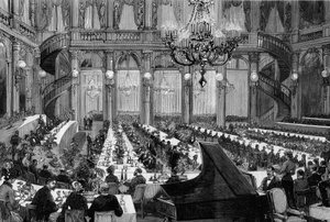 Vacsorakoncert a Grand Hotel de Paris ünnepi termében. De Haenen 1881. március 12-i, 1250. sz. „" The Illustrous World" című metszete. alkotó: Frederic de Haenen