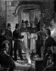 Dominikánusok kiutasítása a párizsi Rue de Jean de Beauvais-ról Jules Ferry 1880. márciusi rendeletei nyomán, és megvonták a jogosulatlan vallási gyülekezetek tagjainak tanítási jogát: az R. P. Mercinek szóló rendeletek értesítése alkotó: Frederic de Haenen