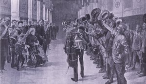 Viktória királynő érvénytelenített gyarmati lakosokat vizsgál meg a windsori St Georges Hallban, illusztráció: Pretoria után: A gerillaháború, 1902 alkotó: Frederic de Haenen