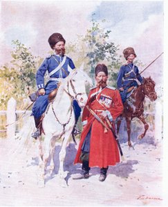 Orosz katonák 1900 körül (színes litó) alkotó: Frederic de Haenen