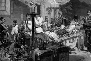 Sándor (1818-1881) csatahajó-ezred katonái a néhai cár kezet csókolni készülnek a Szentpétervári Szent Péter és Pál-székesegyházban (Szentpétervár) alkotó: Frederic de Haenen