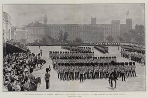 A király születésnapja Londonban, a lóháton való felvonulás a zászlók felvonása után a Horse Guardsnál