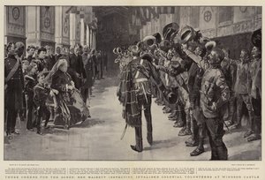 Három éljenzés a királynőnek, Őfelsége rokkant gyarmati önkénteseket vizsgál meg a Windsori kastélyban