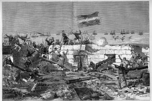 Tunézia, 1881. július: A francia csapatok elfoglalták Stax városát, miután a lakosság fellázadt Tunézia francia protektorátusa ellen. A tengerészpuskák leveszik a kör alakú akkumulátort. De Haenen metszete a „" The Illustrous World" című 1273. sz., auguszt alkotó: Frederic de Haenen