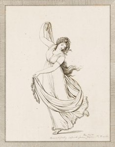 Emma, Lady Hamilton, klasszikus pózban, táncolva, jobb lábán egyensúlyozva. alkotó: Frederich (after) Rehberg