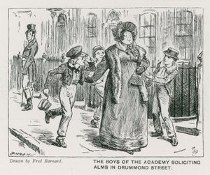 A Wellington House Academy fiúi alamizsnát kérnek a Drummond Streeten (metszet) alkotó: Frederick (after) Barnard