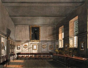 A Merchant Taylors Iskola vizsgaterme, Ackermann „History of the Merchant Taylors School” című művéből, a „History of the Colleges” része, Daniel Havell (1785-1826) metszete, 1816-ban megjelent (akvatinta)