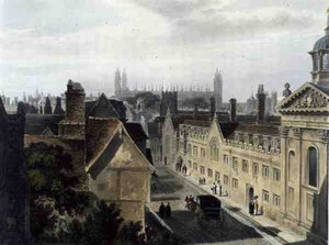 A Pembroke College külseje a cambridge-i Peterhouse egyik ablakából, a "The History of Cambridge"-ből, Joseph Constantine Stadler (1780-1812) metszete, R. Ackermann kiadása.