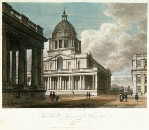 A greenwichi kórház (Kent, Anglia) látképe, a kupola és Vilmos (William) király udvarának északkeleti sarkának leírása, mögötte a csarnok északi homlokzatának festett részével, valamint Mária királynő udvarának és kápolnájának egy részével. alkotó: Frederick (after) Nash