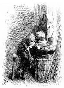 Charles Dickens a Blacking Factory-ban, illusztráció a „The Leisure Hour”-ból, 1904 (metszet) alkotó: Frederick Barnard