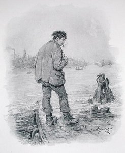 Rogue Riderhood at Limehouse Hole, Thomas Archer „Charles Dickens: Egy pletyka az életéről” című filmből, 1894 körül megjelent (litho) alkotó: Frederick Barnard