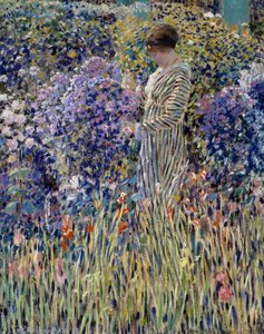 Nő a kertben, 1912 körül, Frederick Carl Frieseke (1874-1939) festménye, olaj, vászon, 81x65 cm