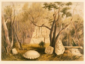 Piramisépület és szobortöredék Copanban, illusztrációja John Lloyd Stephens „Incidents of Travel in Central America, Chiapas and Yucatan” című művéből, 1844