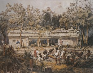 Frederick Catherwood és John Lloyd Stephens régészek megmérik a mexikói Yucatan Tulum templomát, illusztráció a "Közép-Amerika, Chiapas és Yucatan ókori műemlékei látképéből"