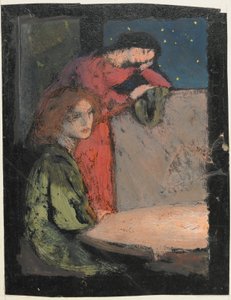 Két lány egy asztal mellett, nézz egy csillagos éjszakán, 1905 (tempera a kártyán) alkotó: Frederick Cayley Robinson